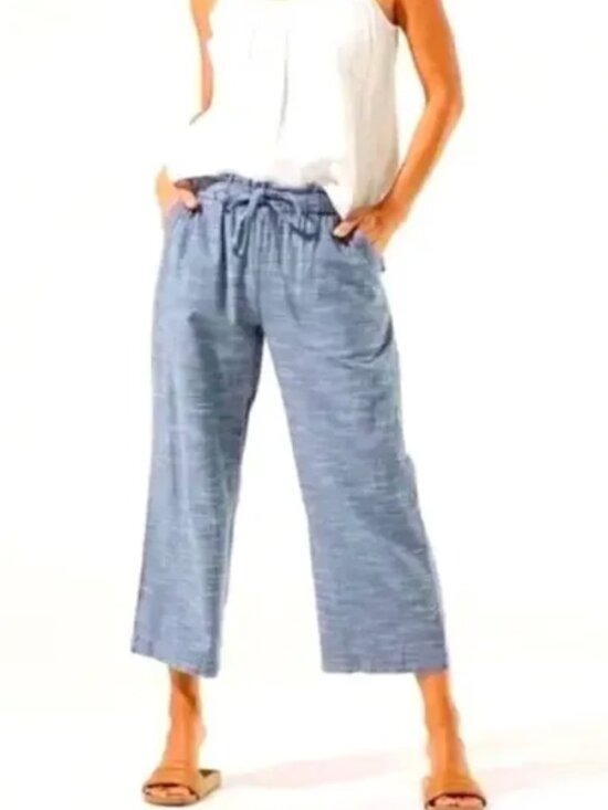 PACT 100% Organic Cotton Blue Chambray Drawstring Crop Pants Size Medium - Picture 5 of 10